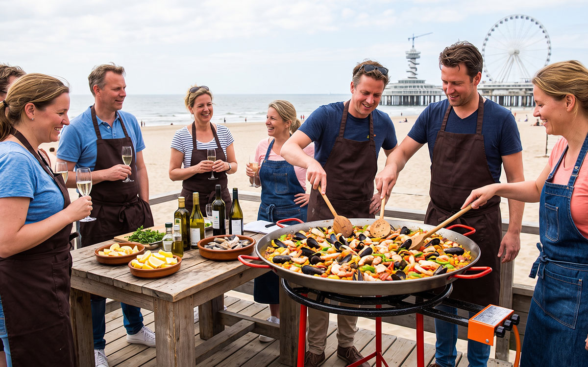 Paellamiamor Live cooking paella workshop in grote pannen tijdens een bedrijfsuitje bij Solbeach.