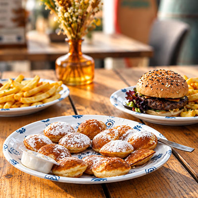 Kindermenu met friet, minipoffertjes en een burger op het terras van beachclub Solbeach.
