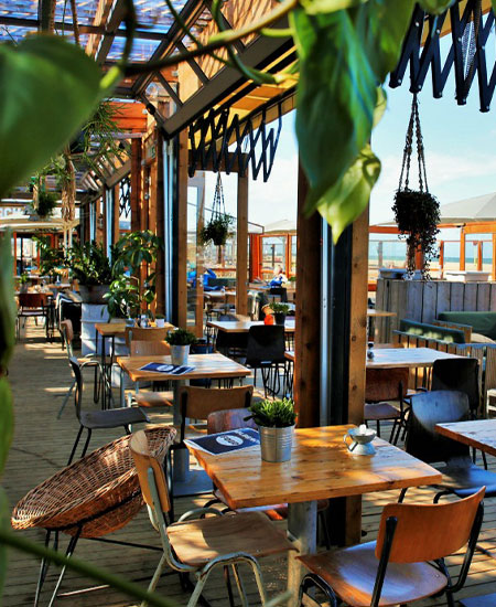 Gezellige zithoek met groene planten en stranddecoratie bij strandtent Solbeach Scheveningen.