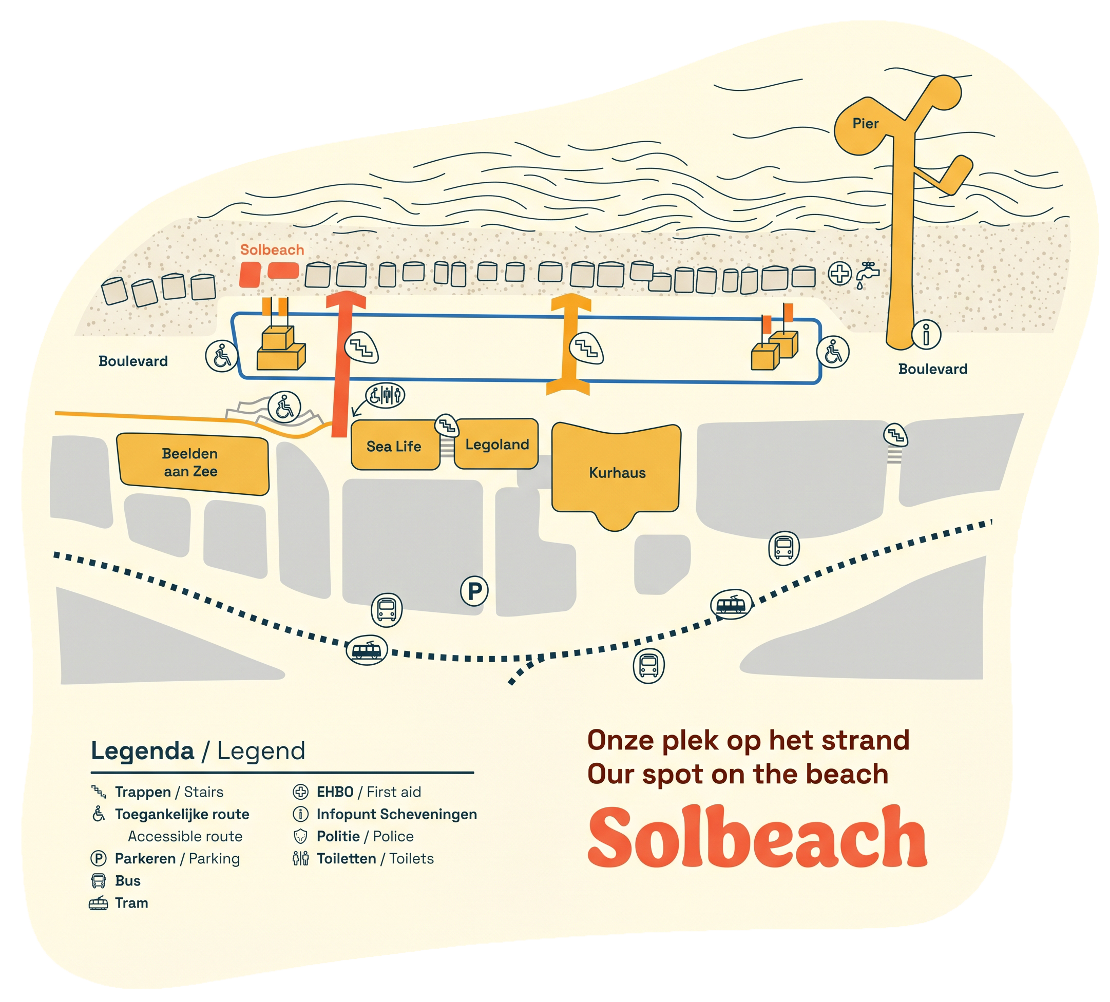 Route en parkeeroverzicht voor gasten en bedrijfsuitjes bij Solbeach Scheveningen.